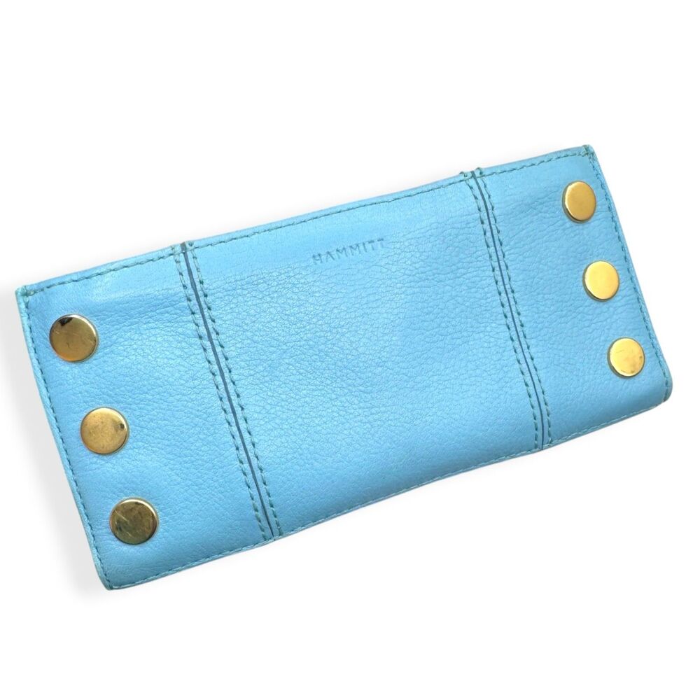 Hammitt 110 North Vibrant Sea Sprite Blue Leather Wallet Brushed Gold EUC